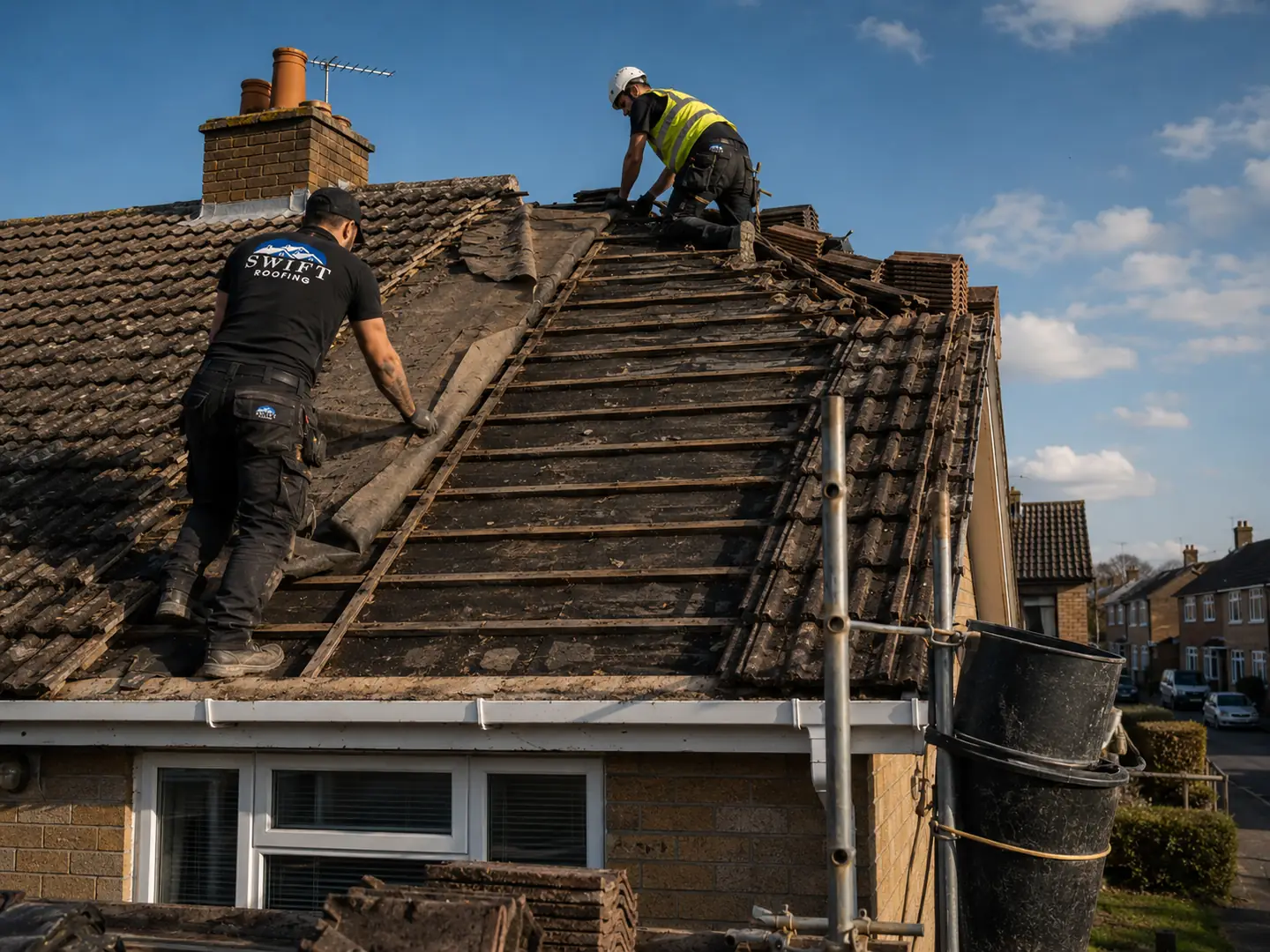 Two Swift Roofing roofers stripping an old tiled roof back to the rafters, with a rubble chute in place