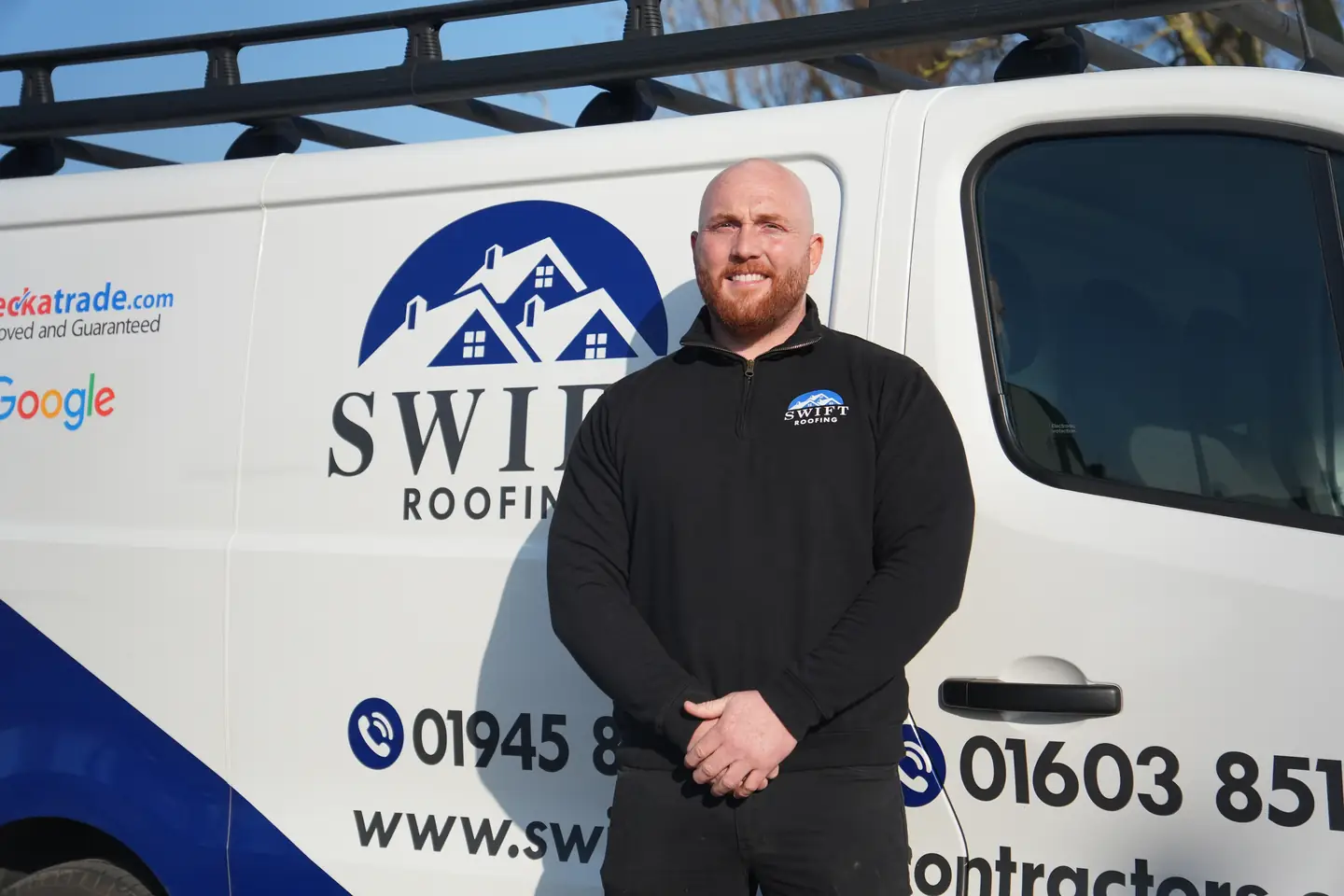 Luke Crosby beside the Swift Roofing van, showing the Checkatrade and Google badges and both office numbers